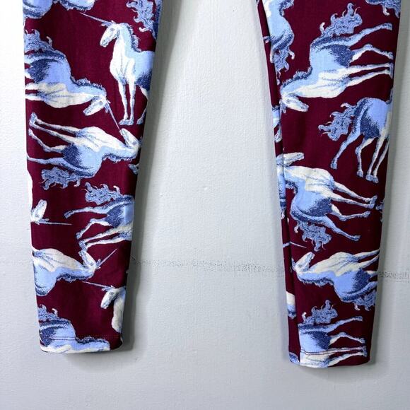 LuLaRoe Blue Storybook Unicorn Burgundy Wine Print Leggings Women's OS One Size - Picture 11 of 11